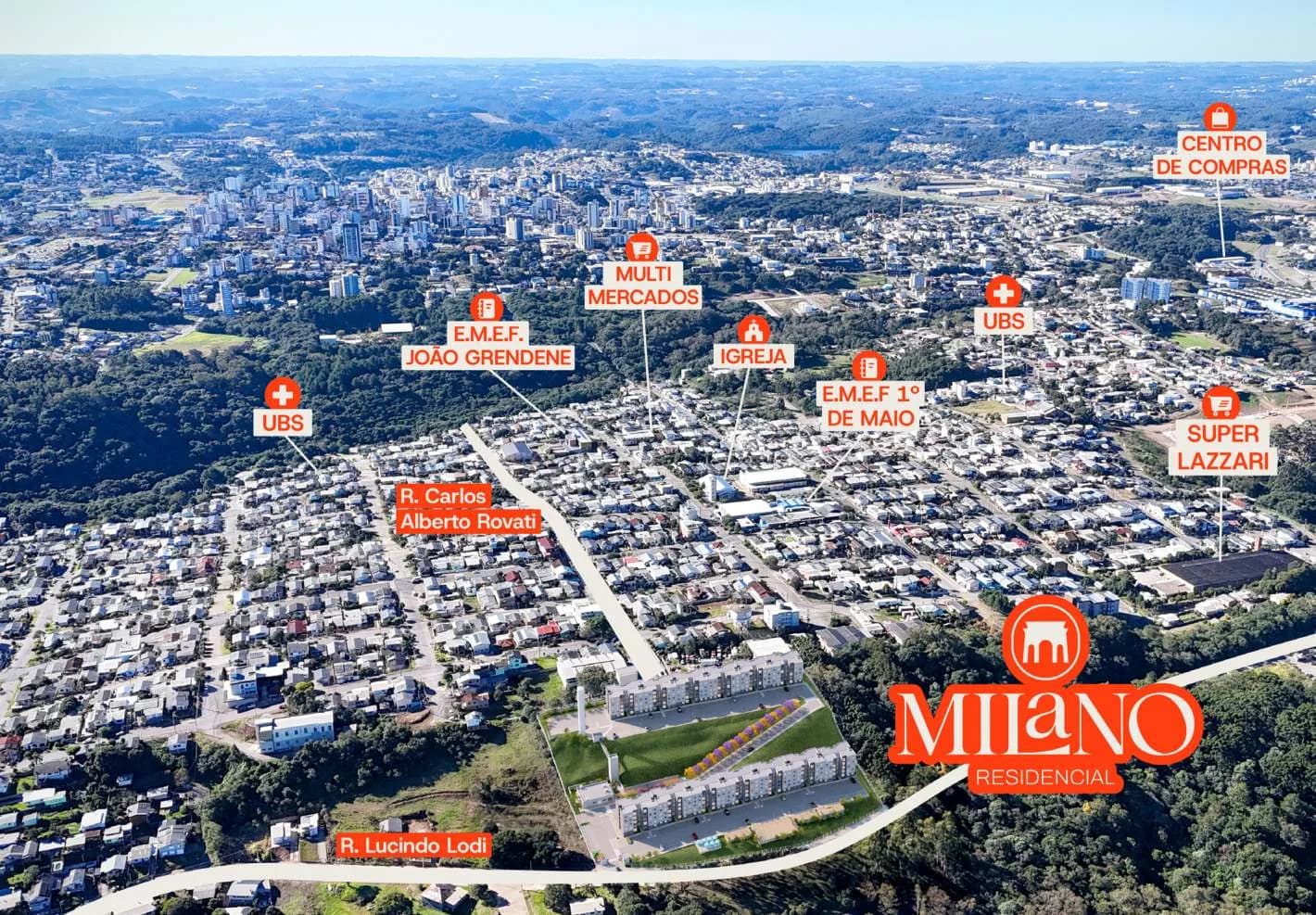 Vista aérea do bairro 1º de Maio com a localização do Residencial Milano e os pontos de referência do entorno